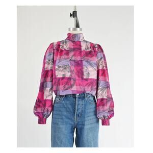 Vintage 80s Abstract Plaid Blouse Tie Neck Button Back Puff Sleeve Top XS S